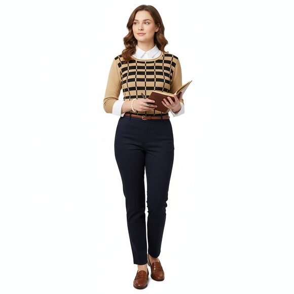 VALENTI VTG Designer Academia Windowpane Scoop Neck Camel/Black Knit Top Size XL - Picture 2 of 9